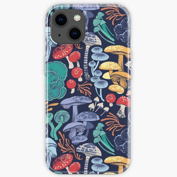 Mystical fungi // midnight blue background multicoloured wild mushrooms iPhone Soft Case