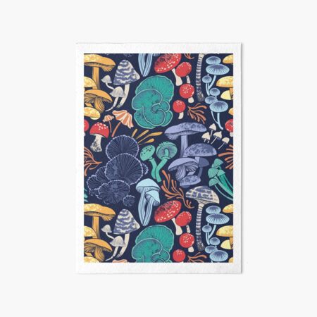 Mystical fungi // midnight blue background multicoloured wild mushrooms Art Board Print