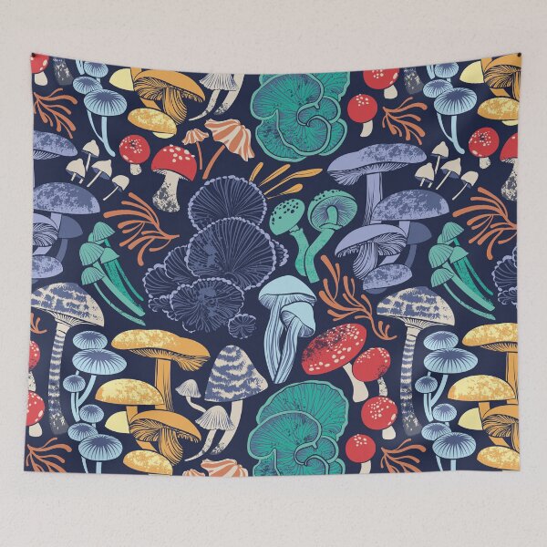 Item preview, Mystical fungi // midnight blue background multicoloured wild mushrooms designed and sold by SelmaCardoso.