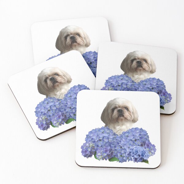 Item preview,  Paul - Shih tzu dog behind blue hydrangea Flower Blossoms designed and sold by Move-Art.