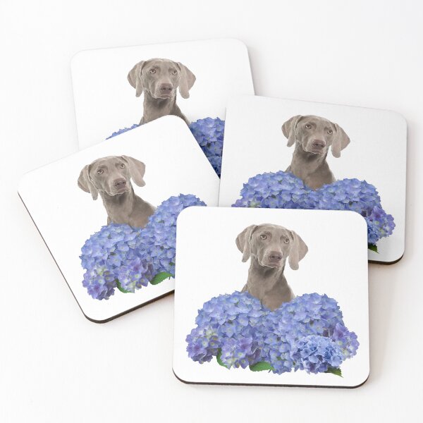 Item preview, Gray Weimaraner dog behind blue hydrangea Flower Blossoms designed and sold by Move-Art.