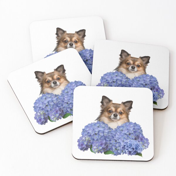 Item preview, Chihuahua dog behind blue hydrangea Flower Blossoms designed and sold by Move-Art.