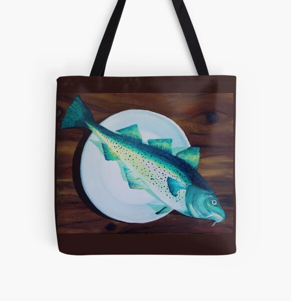 Printed Harbour Fish Design Reusable Cotton Shopper Tote Shopping Bag Teal 