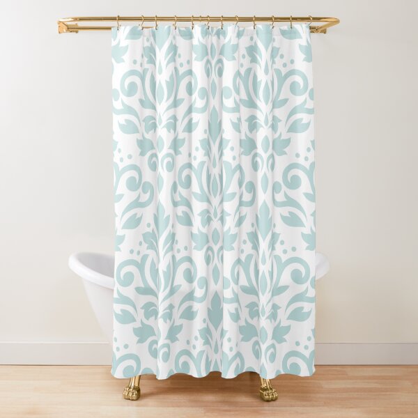 Scroll Damask Lg Pattern Duck Egg Blue on Wt Shower Curtain