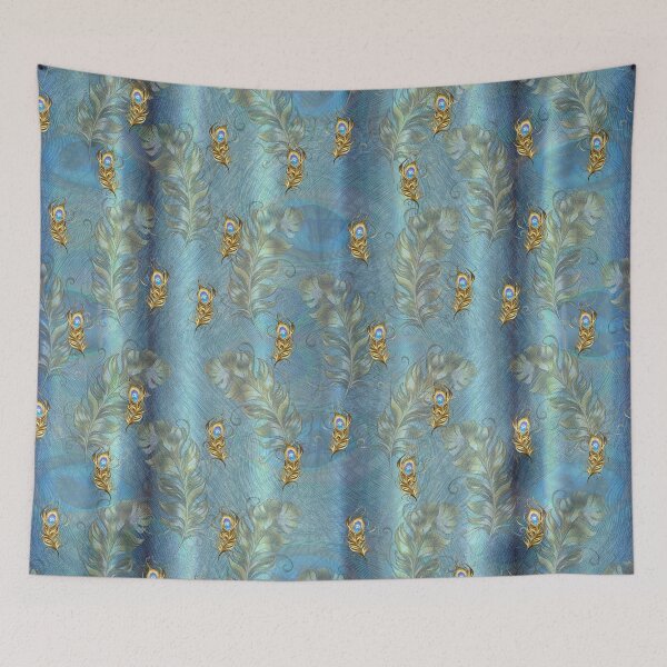 Item preview, Golden Peacock Leaves & Feathers on Silky blue-Green Repeat  designed and sold by NadineMay.