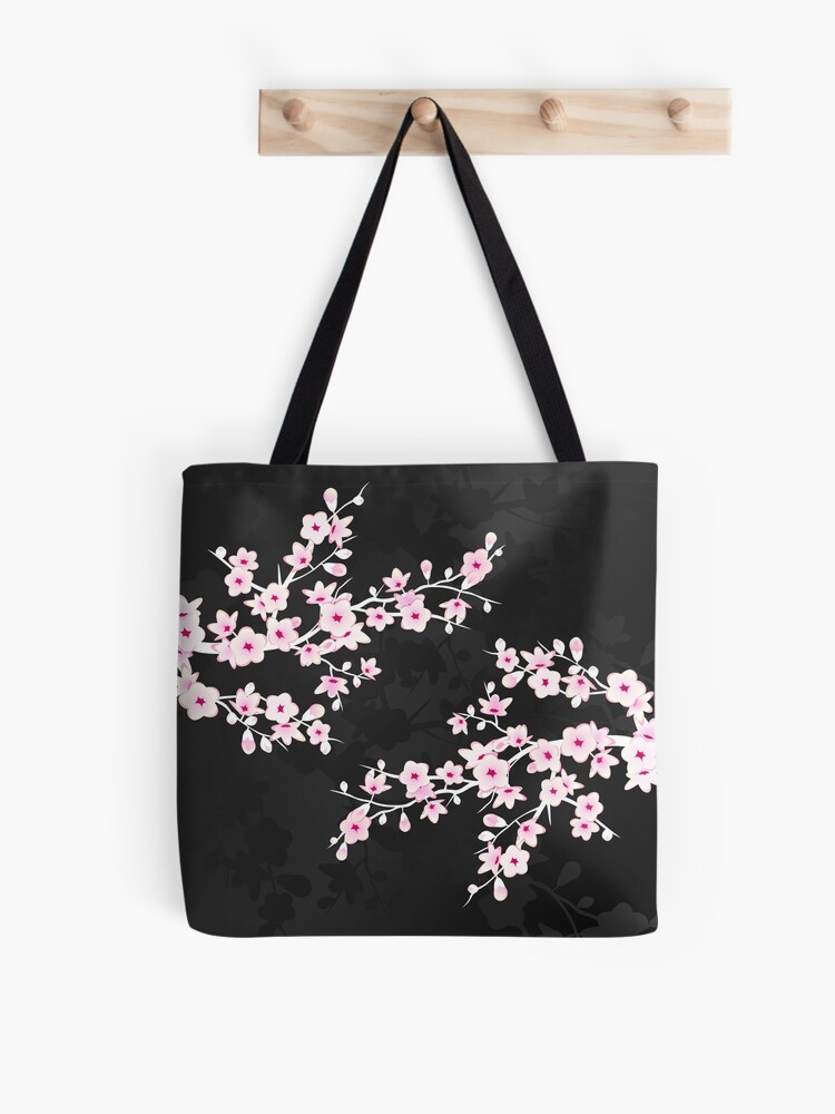 Cherry Blossom Pink Black Tote Bag