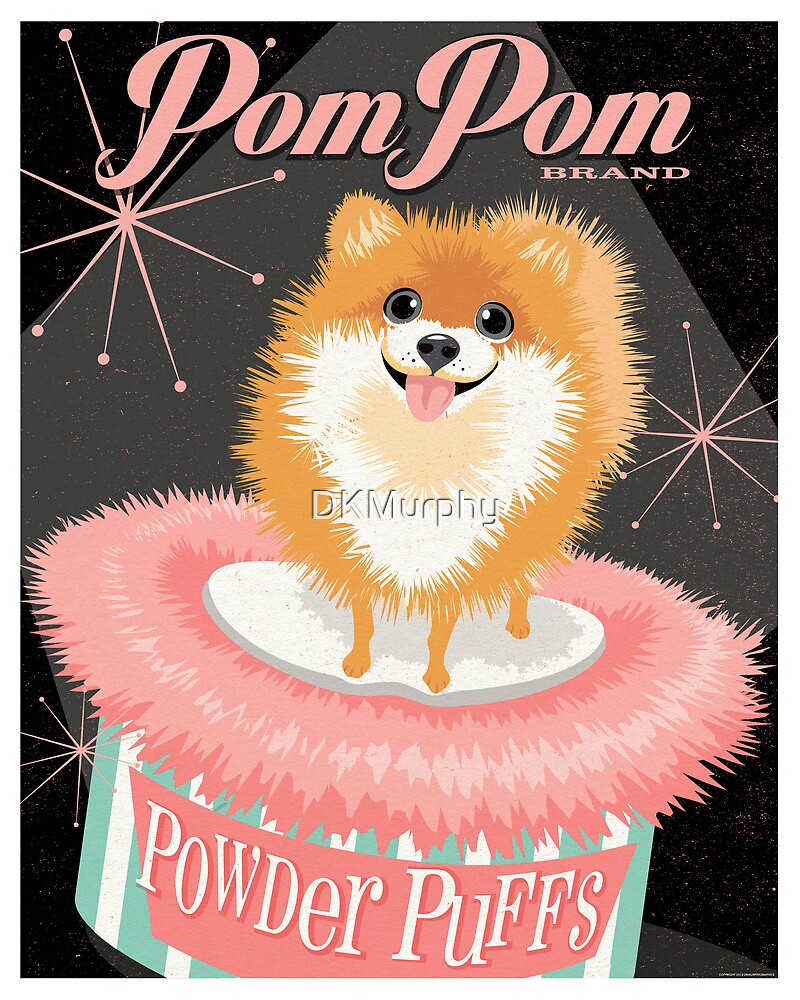 "Pomeranian Dog with Powder Puff retro poster design original art " by