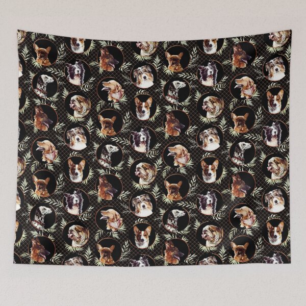 Item preview, Pattern of purebreed dogs in gold circles with leaves and black background designed and sold by MadebyMarion.