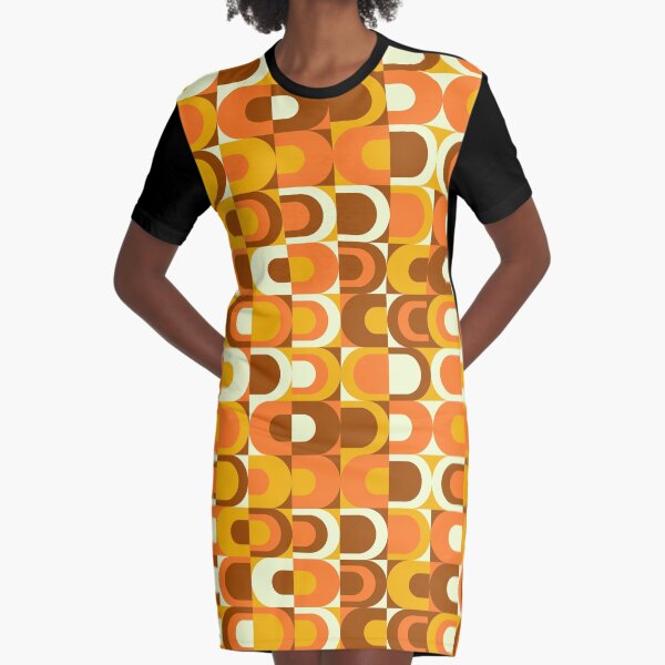 70s Pattern Retro Inustrial in Orange and Brown Tones Graphic T-Shirt Dress