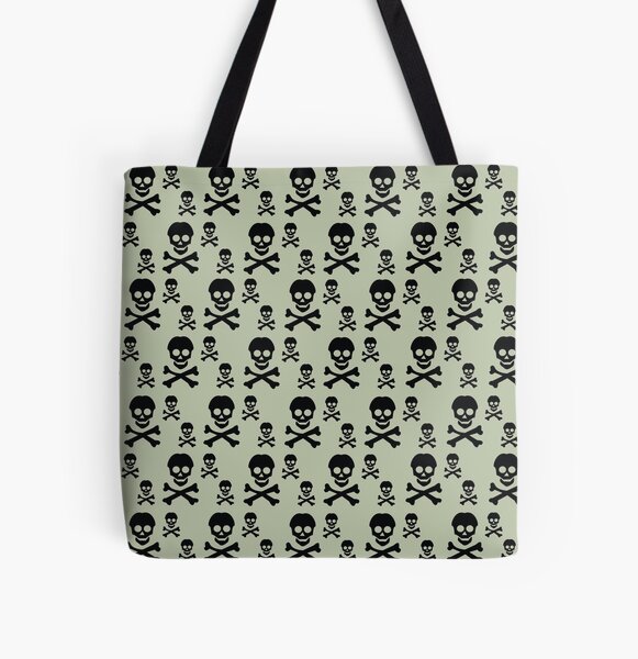 Green Pirate Skull and Cross Bones Pattern All Over Print Tote Bag
