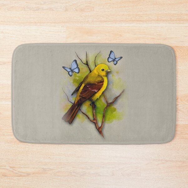 Item preview, Yellow Tanager, Bird, Wildlife Painting, Blue Butterflies designed and sold by JoyfulWhimsy.