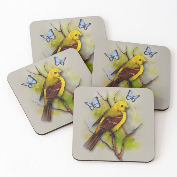 Item preview, Yellow Tanager, Bird, Wildlife Painting, Blue Butterflies designed and sold by JoyfulWhimsy.