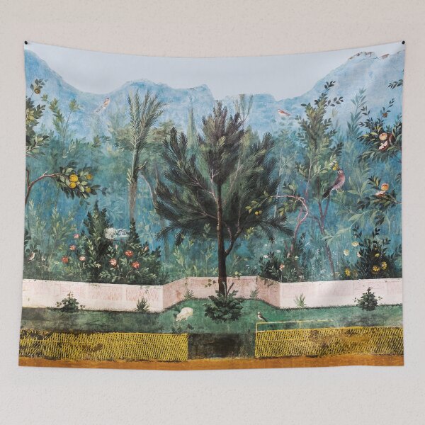 Aperçu de l'œuvre PEINTURE MURALE ROMAINE ANTIQUE Jardin de fleurs Oiseaux volants Pins, cognassiers et pommiers créée et vendue par BulganLumini.