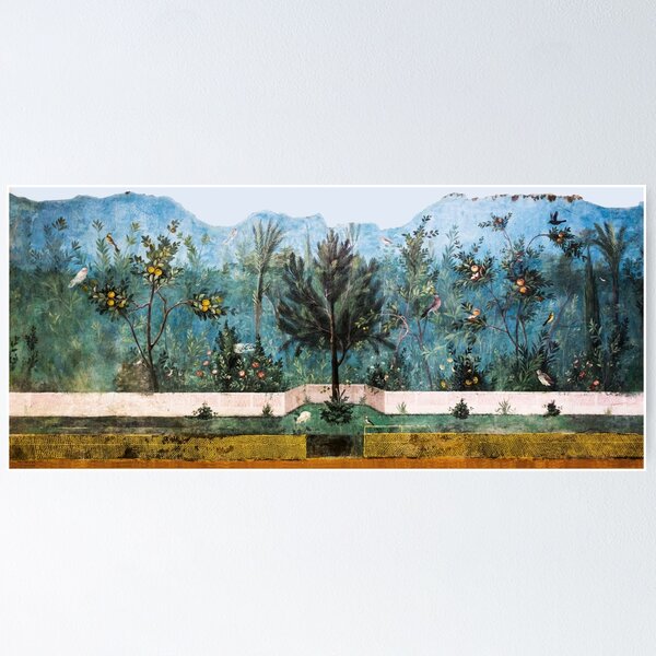 Aperçu de l'œuvre PEINTURE MURALE ROMAINE ANTIQUE Jardin de fleurs Oiseaux volants Pins, cognassiers et pommiers créée et vendue par BulganLumini.