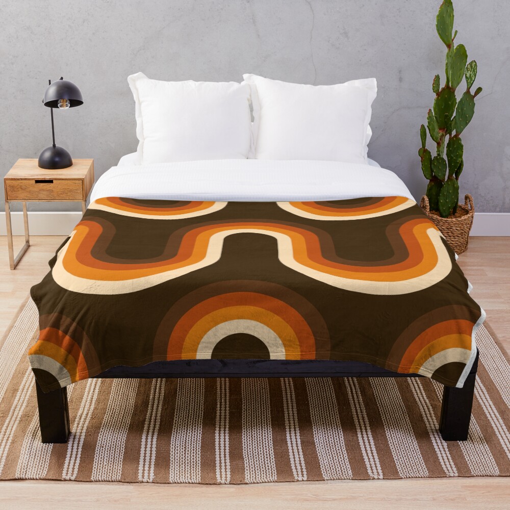 70s Pattern Orange and Brown Waves Throw Blanket
