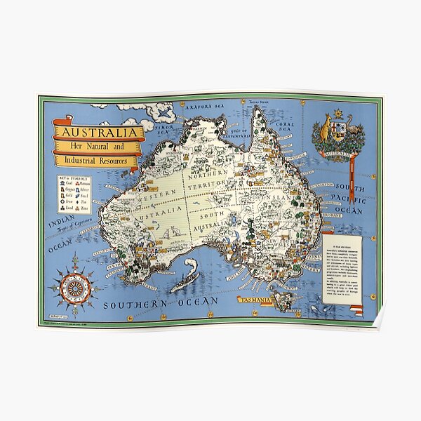 1942 Vintage Map Australia" by | Redbubble