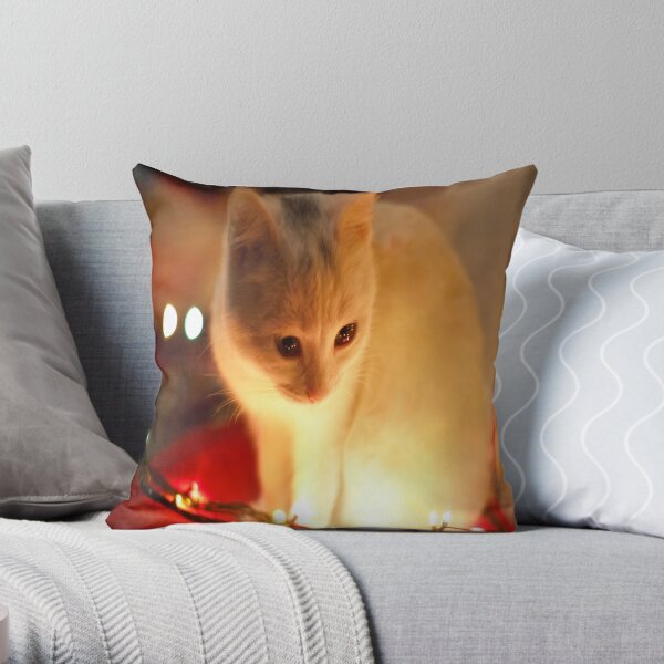 pillow White Cat Besides Christmas Ligh Throw Pillow