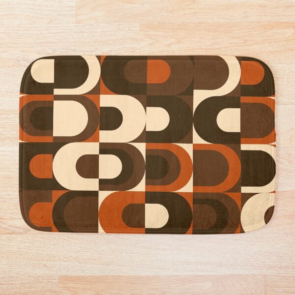 70s Pattern Retro Inustrial in Orange and Dark Brown Bath Mat