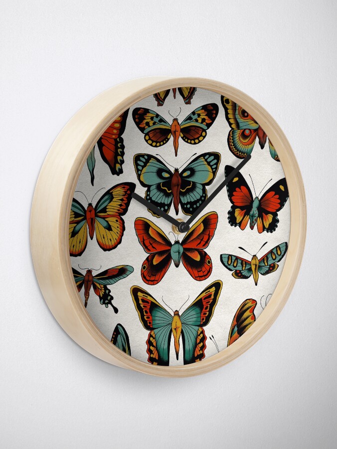 Alternate view of Butterflies traditional tattoo flash Clock