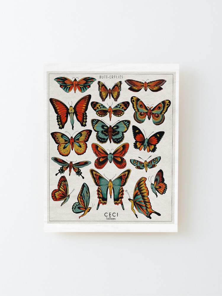 Alternate view of Butterflies traditional tattoo flash Mounted Print