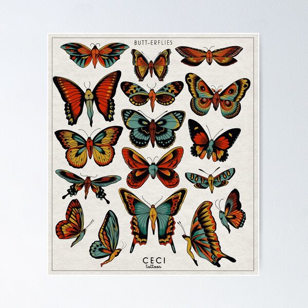 Butterflies traditional tattoo flash Poster