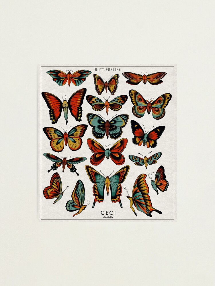 Alternate view of Butterflies traditional tattoo flash Photographic Print