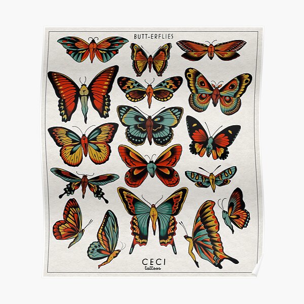 Butterflies traditional tattoo flash Poster