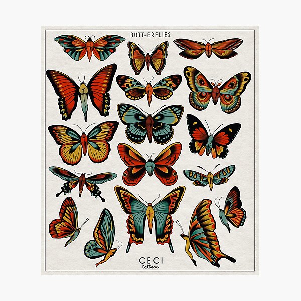  un tableau entomologique scientifiquement précis de BUTTerflies présenté comme un flash de tatouage. Impression photo