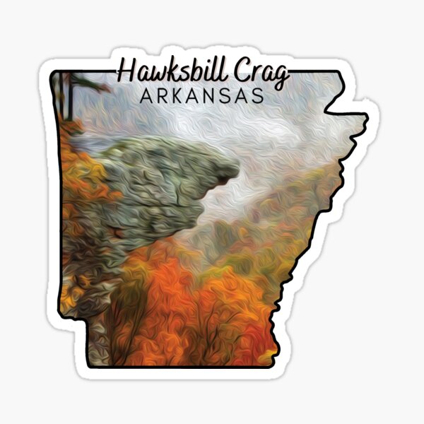 Vista previa del artículo con la obra «Pegatina Hawksbill Crag Arkansas», diseñado y vendido por JustPeachyPress.