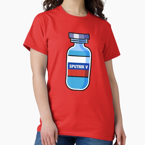 Vista previa del artículo con la obra «VACUNA SPUTNIK V CON BANDERA RUSA (Vacuna contra la pandemia del coronavirus Covid19 2020)», diseñado y vendido por frikybomb.