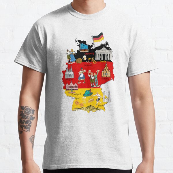 Deutschlandkarte, Oktoberfest, Großstädte und Wahrzeichen Karte von Deutschland mit Flaggenhintergrund Classic T-Shirt