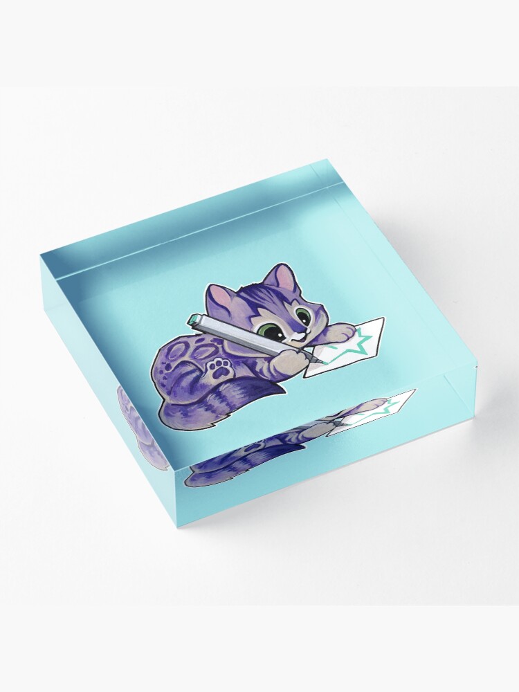 Alternate view of Purple drawing kitty Acrylic Block
