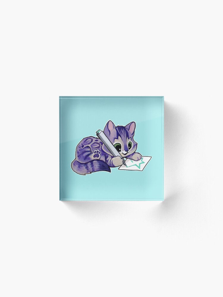 Alternate view of Purple drawing kitty Acrylic Block
