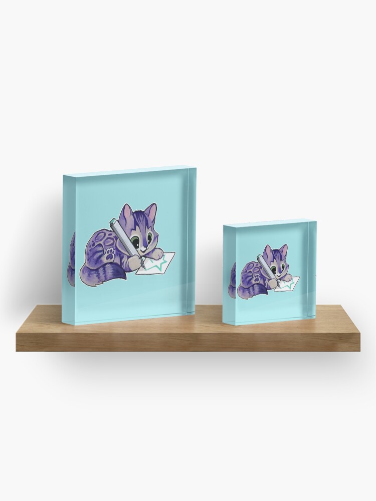Alternate view of Purple drawing kitty Acrylic Block