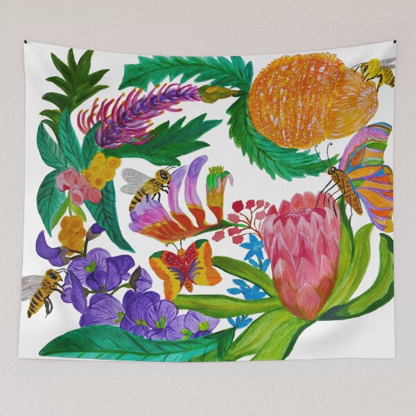 Item preview, Australian native flowers wreath with bees and butterflies designed and sold by Geebizart.