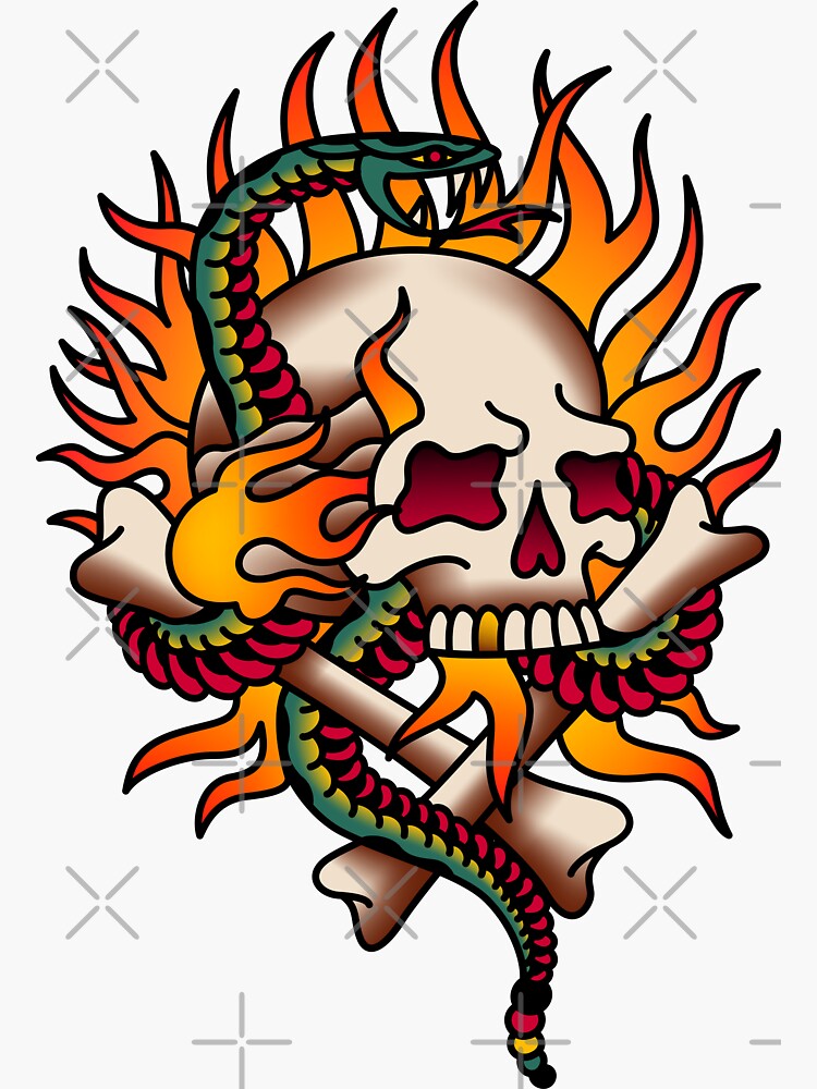 Thumbnail 3 of 3, Sticker, Salty-Dog2 American Traditional Flaming Skull & Snake Version 2 designed and sold by Salty-Dog2.