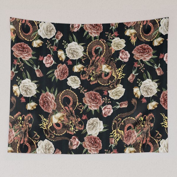 Item preview, Chinoiserie Dragon and Peony Print designed and sold by WisdomInspired.