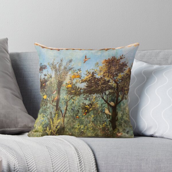 ANTIQUE ROMAN WALL PAINTING Flower Garden Flying Birds ,Quince and Apple Trees Throw Pillow