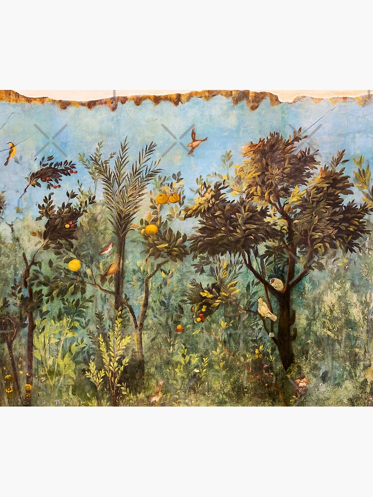 Artwork view, ANTIQUE ROMAN WALL PAINTING Flower Garden Flying Birds ,Quince and Apple Trees  designed and sold by BulganLumini