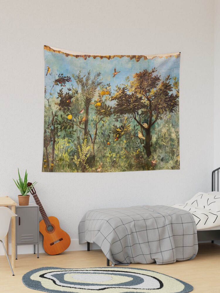 Tapestry, ANTIQUE ROMAN WALL PAINTING Flower Garden Flying Birds ,Quince and Apple Trees  designed and sold by BulganLumini