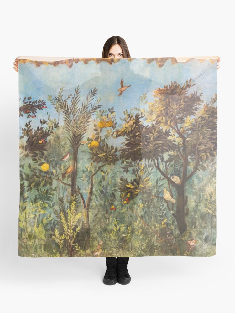 Scarf, ANTIQUE ROMAN WALL PAINTING Flower Garden Flying Birds ,Quince and Apple Trees  designed and sold by BulganLumini