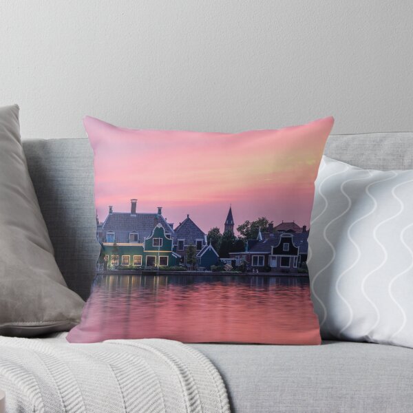 Item preview, Typical Dutch houses at Zaanse Schans, Holland Panorama during sunset with pink sky designed and sold by michieldros.
