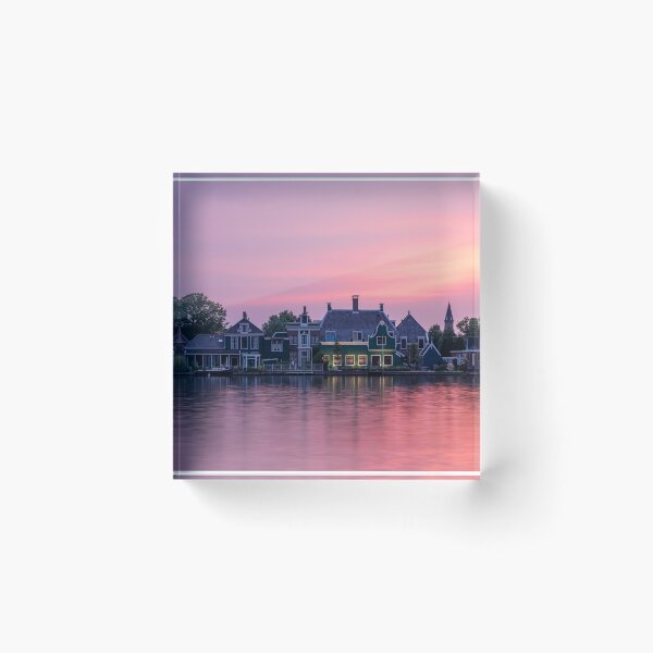 Item preview, Typical Dutch houses at Zaanse Schans, Holland Panorama during sunset with pink sky designed and sold by michieldros.