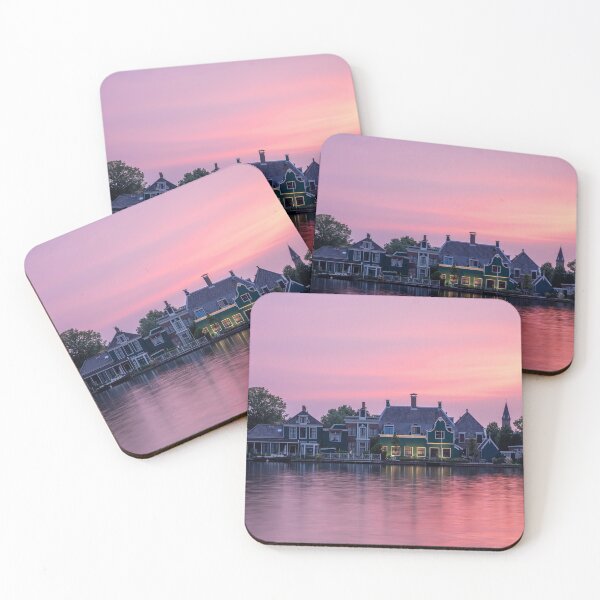 Item preview, Typical Dutch houses at Zaanse Schans, Holland Panorama during sunset with pink sky designed and sold by michieldros.