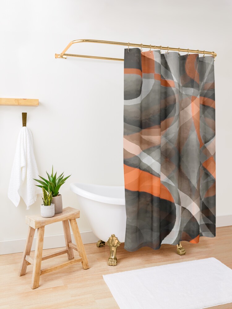 Alternate view of Eighties Vibes Burned Orange and Grey Layered Curves Shower Curtain