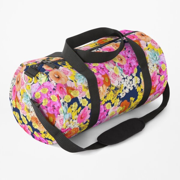 Summer Bright Neon Floral Print in Navy Duffle Bag