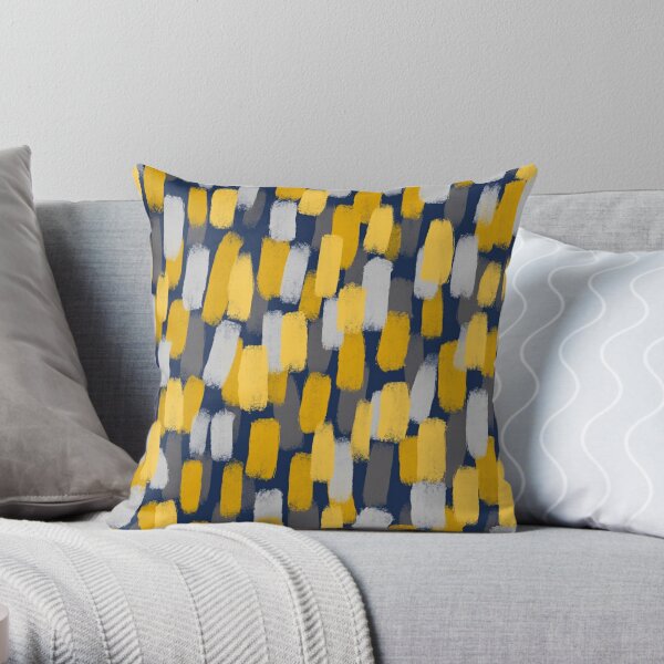 Abstract Grey and Mustard Yellow Paint Brush Effect on Navy Blue  Throw Pillow