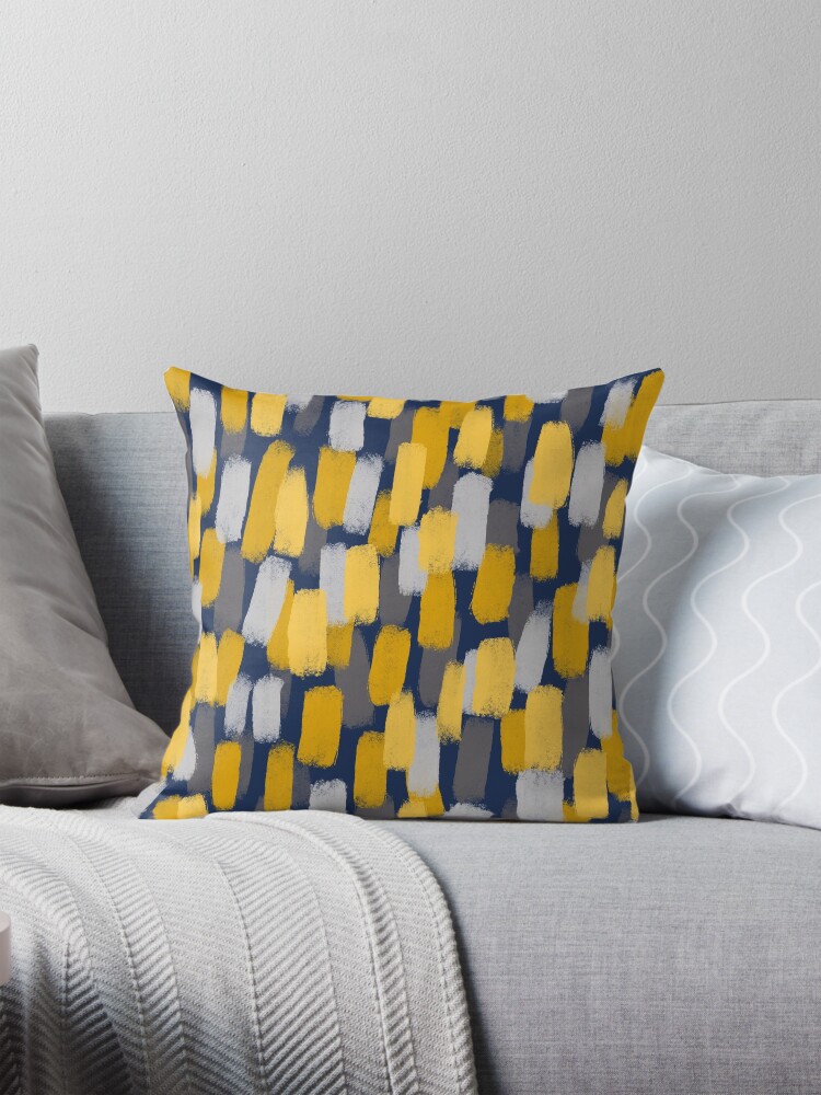 Abstract Grey and Mustard Yellow Paint Brush Effect on Navy Blue Pillow for Sale by OneThreeSix Redbubble