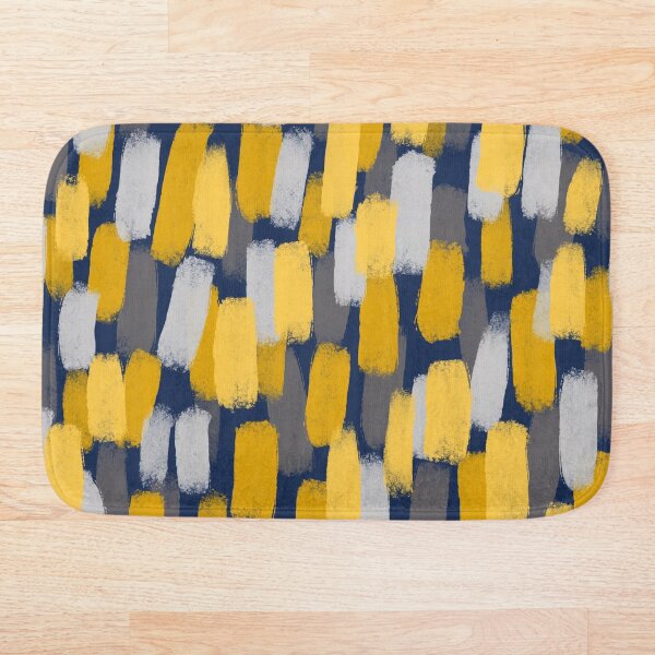 Abstract Grey and Mustard Yellow Paint Brush Effect on Navy Blue Bath Mat