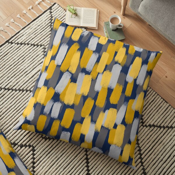 Abstract Grey and Mustard Yellow Paint Brush Effect on Navy Blue Floor Pillow